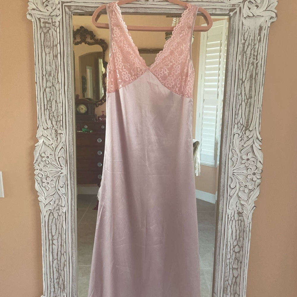 Vintage Elegant Pink Floral Lace Bodice Satin Lingerie Chemise Med